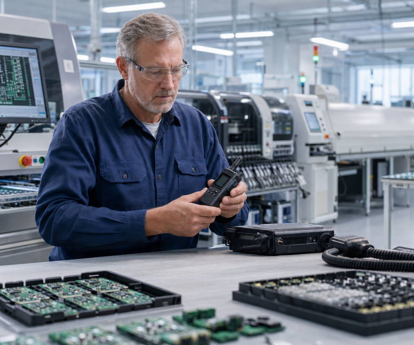 OEM two-way radio assembly and quality testing at GLOHE manufacturing facility