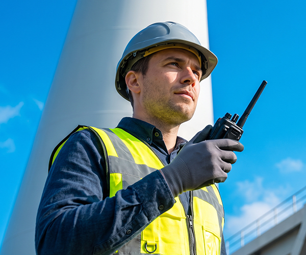 Industrial field technician using a handheld two-way radio