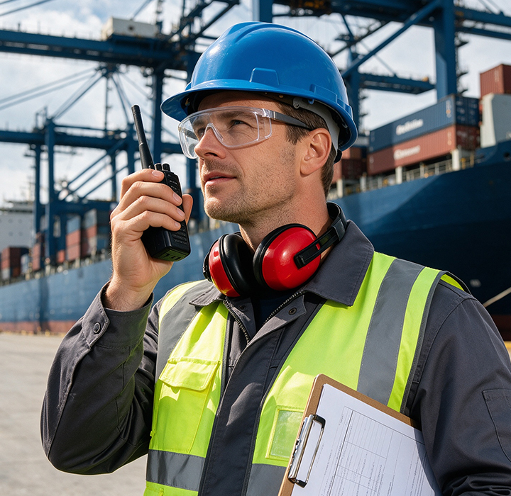 Port logistics worker using a two-way radio for team communication